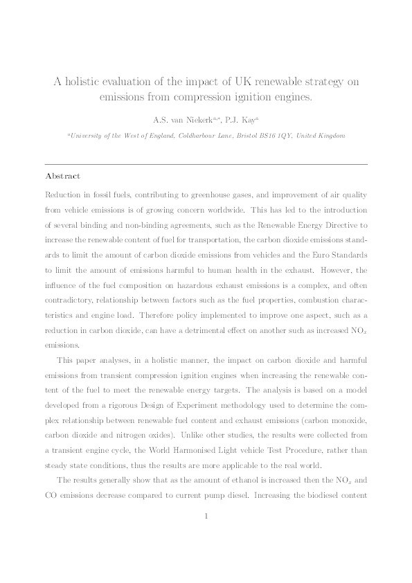 A holistic evaluation of the impact of UK renewable strategy on emissions from compression ignition engines Thumbnail