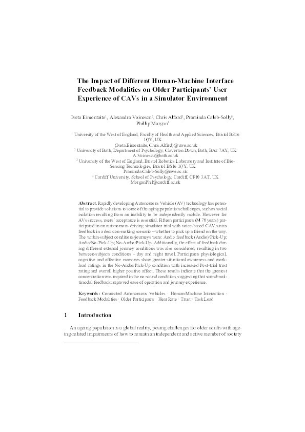 The impact of different human-machine interface feedback modalities on older participants' user experience of CAVs in a simulator environment Thumbnail