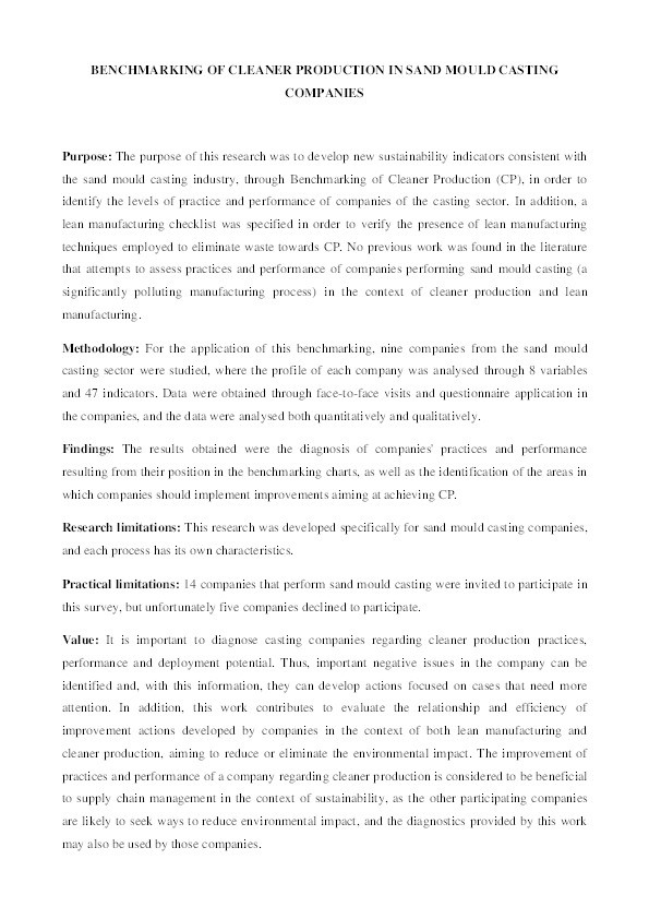 Benchmarking of cleaner production in sand mould casting companies Thumbnail