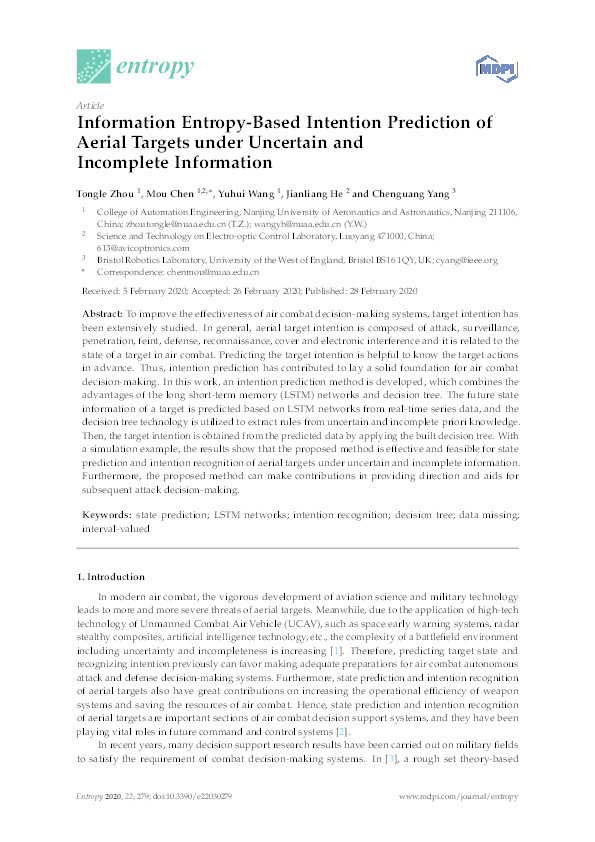 Information entropy-based intention prediction of aerial targets under uncertain and incomplete information Thumbnail