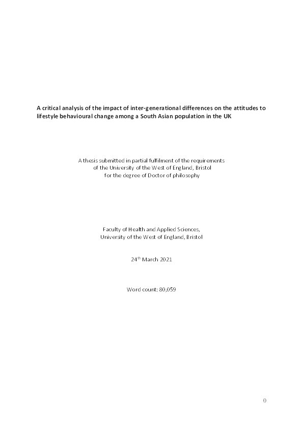 A critical analysis of the impact of inter-generational differences on the attitudes to lifestyle behavioural change among South Asian population in the UK Thumbnail