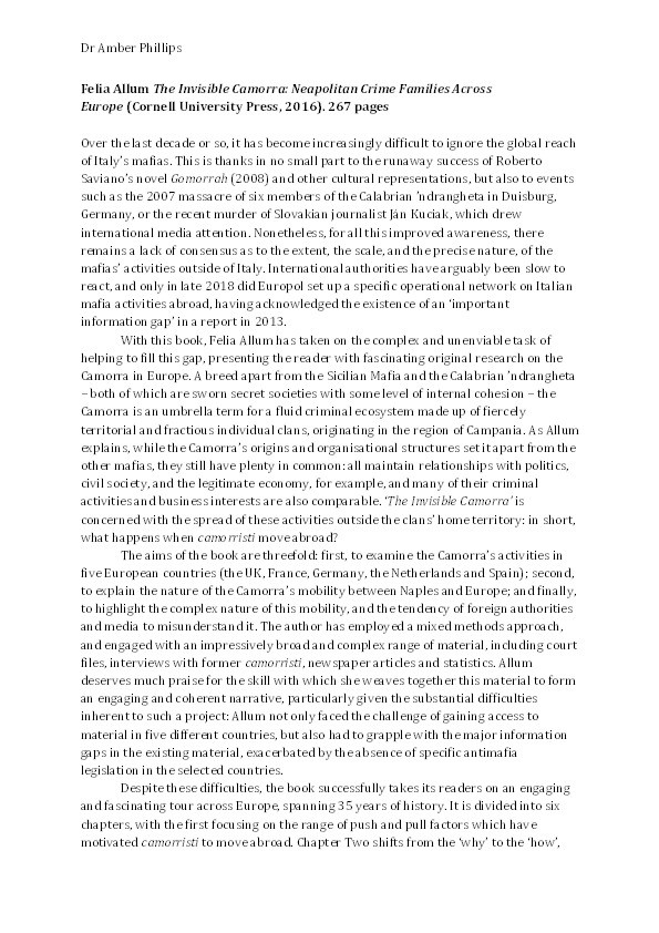 Book review: The Invisible Camorra: Neapolitan Crime Families Across Europe, by Felia Allum, Ithaca and London, Cornell University Press, 2016, 267 pp., $45.00 (hardcover), ISBN 9781501702457 Thumbnail