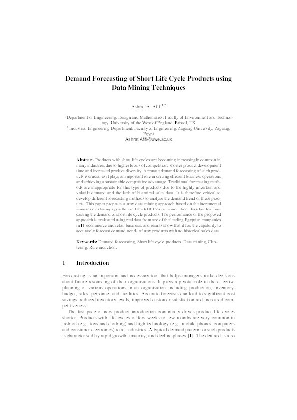 Demand forecasting of short life cycle products using data mining techniques Thumbnail