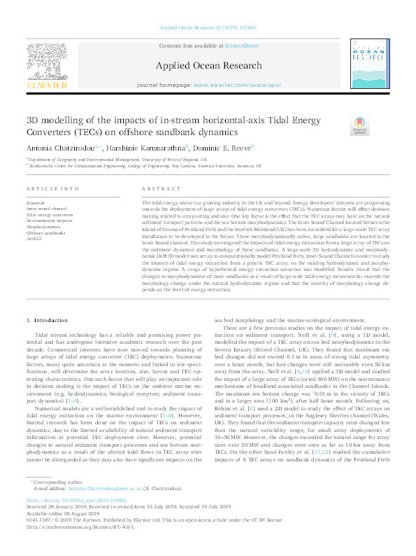 3D modelling of the impacts of in-stream horizontal-axis Tidal Energy Converters (TECs) on offshore sandbank dynamics Thumbnail