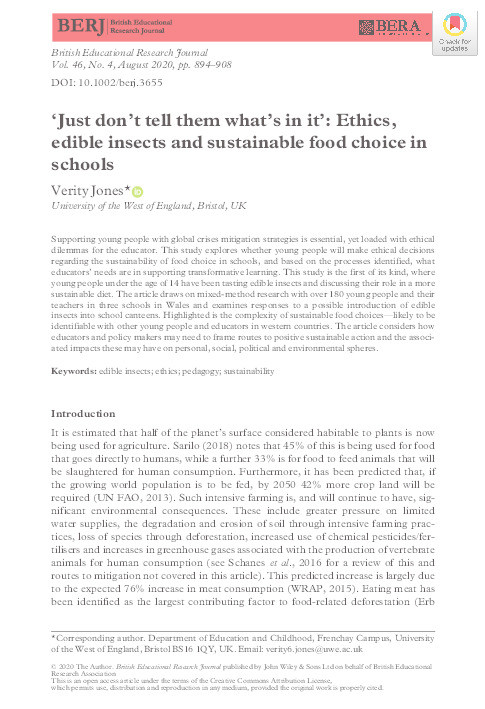 ‘Just don’t tell them what’s in it’: Ethics, edible insects and sustainable food choice in schools Thumbnail