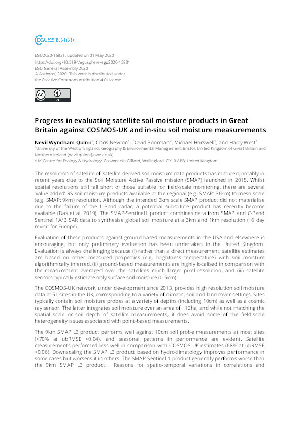 Progress in evaluating satellite soil moisture products in Great Britain against COSMOS-UK and in-situ soil moisture measurements Thumbnail