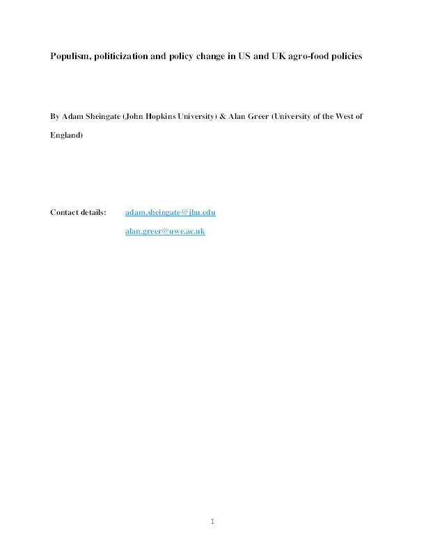 Populism, politicization and policy change in US and UK agro-food policies Thumbnail