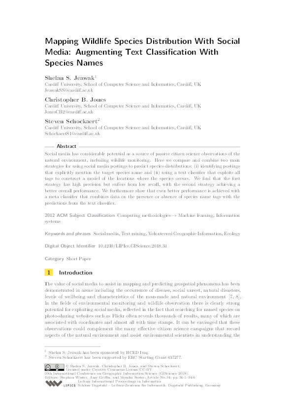 Mapping wildlife species distribution with social media: Augmenting text classification with species names Thumbnail