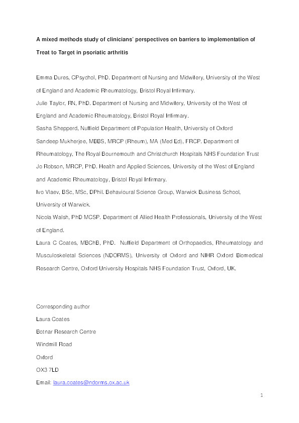 Mixed methods study of clinicians' perspectives on barriers to implementation of treat to target in psoriatic arthritis Thumbnail