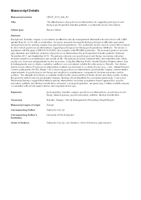 The effectiveness of psychosocial interventions to support psychological well-being in post-operative bariatric patients: A systematic review of evidence Thumbnail