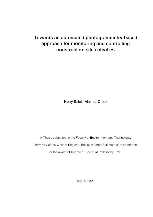 Towards an automated photogrammetry-based approach for monitoring and controlling construction site activities Thumbnail