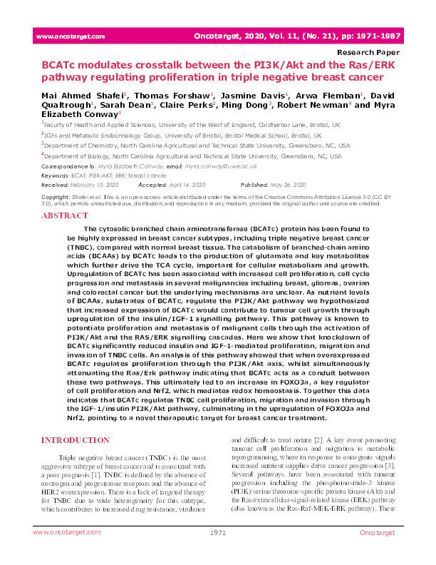 BCATc modulates crosstalk between the PI3K/Akt and the Ras/ERK pathway regulating proliferation in triple negative breast cancer Thumbnail