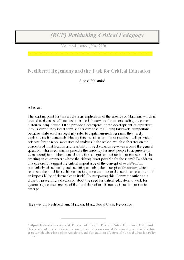 Neoliberal hegemony and the task for critical education