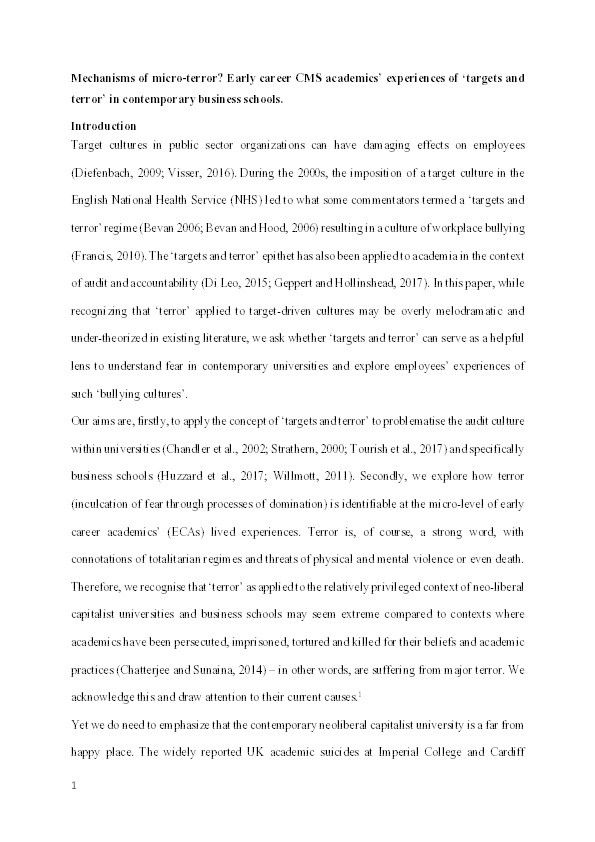 Mechanisms of micro-terror? Early career CMS academics’ experiences of ‘targets and terror’ in contemporary business schools Thumbnail