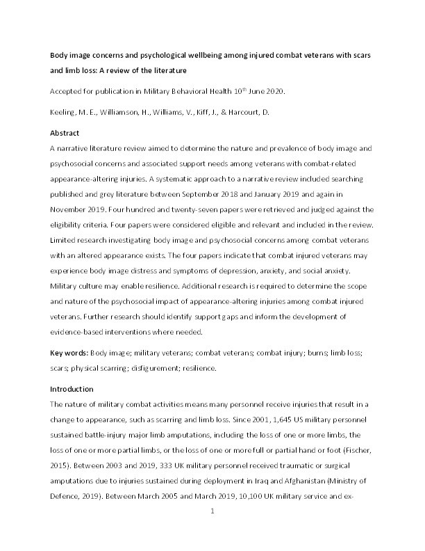 Body image concerns and psychological wellbeing among injured combat veterans with scars and limb loss: A review of the literature Thumbnail