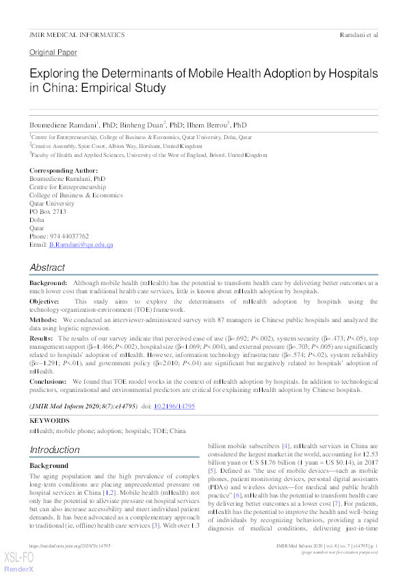 Exploring the determinants of mobile health adoption by hospitals in China: Empirical study Thumbnail