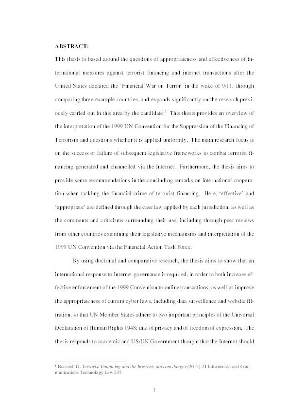 A critical assessment of international legislative measures towards combating terrorist financing over the internet with primary focus on appropriateness and effectiveness Thumbnail