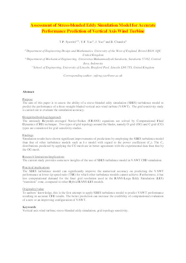 Assessment of stress-blended eddy simulation model for accurate performance prediction of vertical axis wind turbine Thumbnail