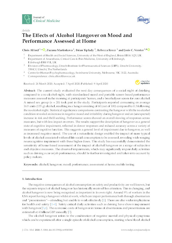 The effects of alcohol hangover on mood and performance assessed at home Thumbnail