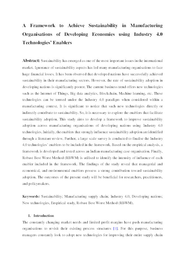 A framework to achieve sustainability in manufacturing organisations of developing economies using industry 4.0 technologies’ enablers Thumbnail