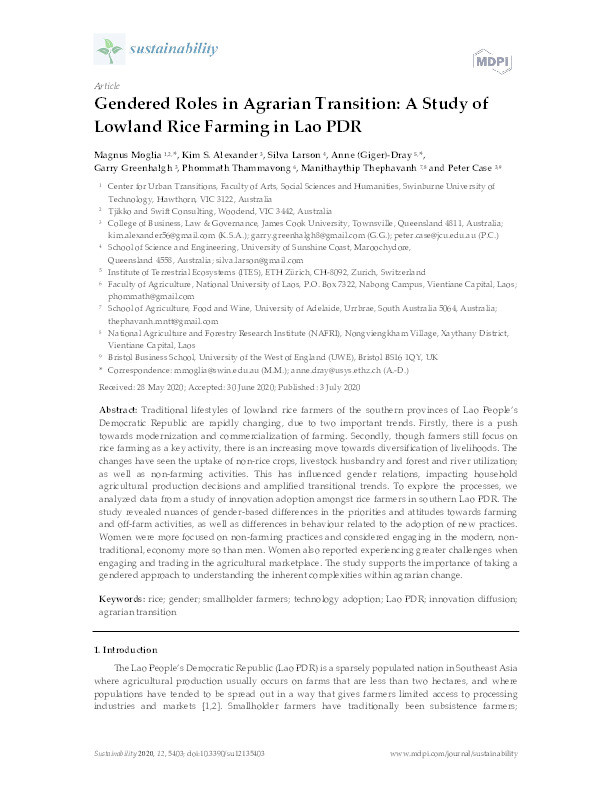 Gendered roles in agrarian transition: A study of lowland rice farming in Lao PDR Thumbnail