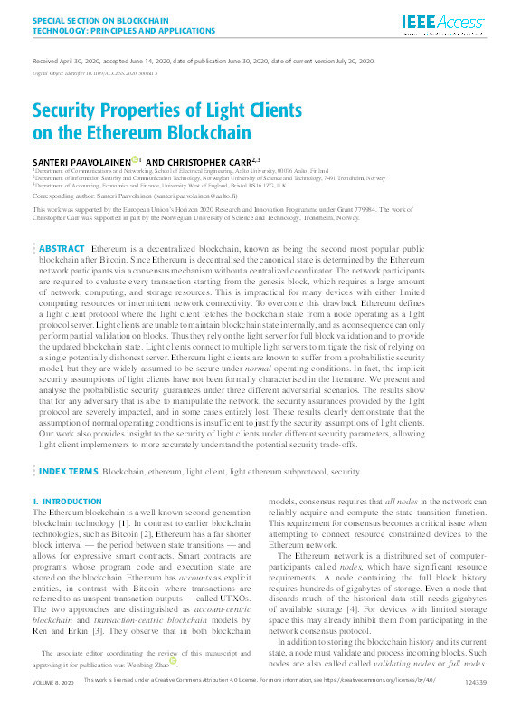 Security properties of light clients on the ethereum blockchain Thumbnail