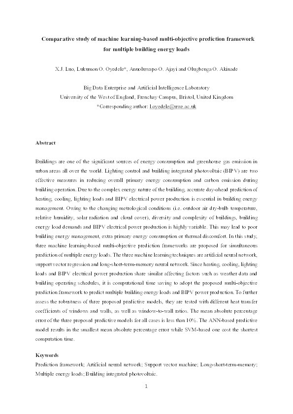 Comparative study of machine learning-based multi-objective prediction framework for multiple building energy loads Thumbnail