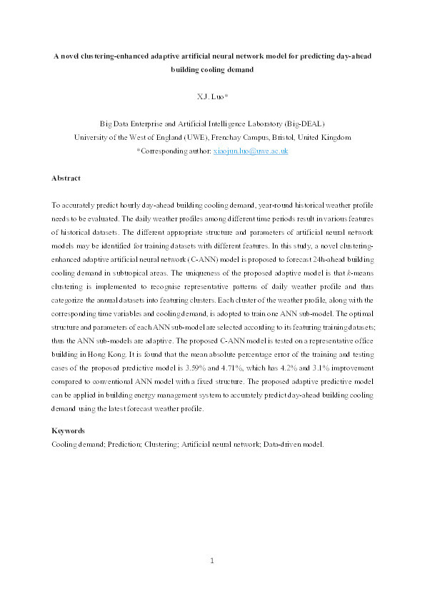 A novel clustering-enhanced adaptive artificial neural network model for predicting day-ahead building cooling demand Thumbnail