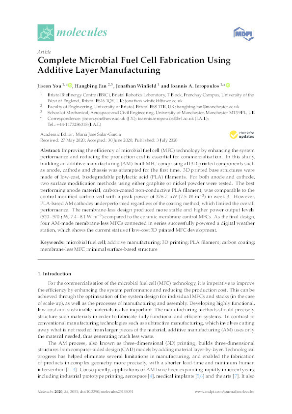 Complete microbial fuel cell fabrication using additive layer manufacturing Thumbnail