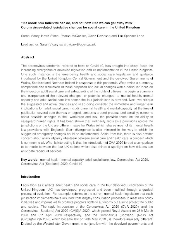 “It's about how much we can do, and not how little we can get away with”: Coronavirus-related legislative changes for social care in the United Kingdom Thumbnail