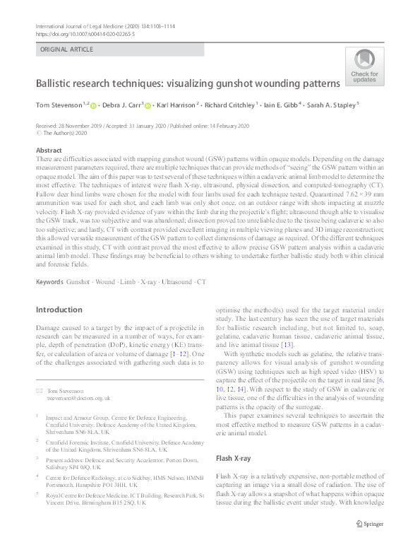 Ballistic research techniques: visualizing gunshot wounding patterns Thumbnail