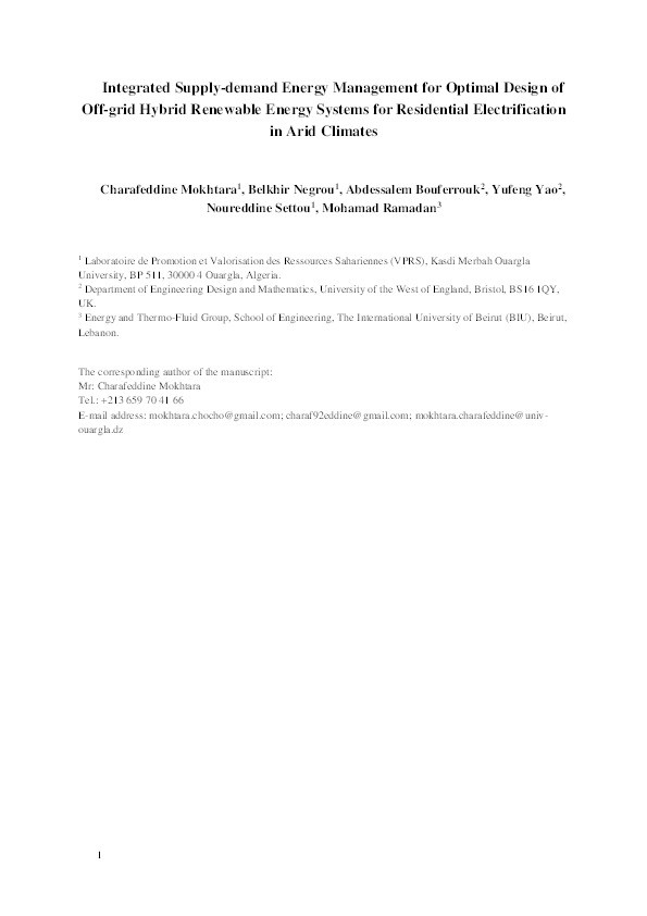 Integrated supply–demand energy management for optimal design of off-grid hybrid renewable energy systems for residential electrification in arid climates Thumbnail