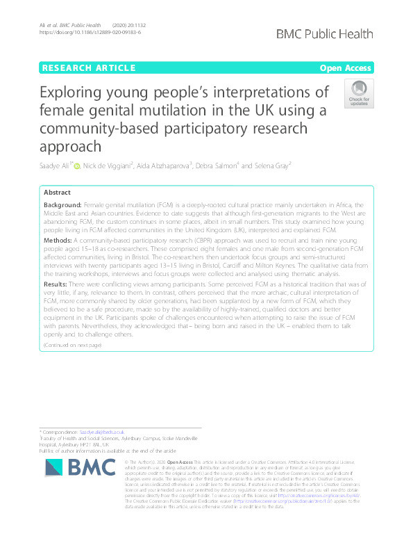Exploring young people's interpretations of female genital mutilation in the UK using a community-based participatory research approach Thumbnail