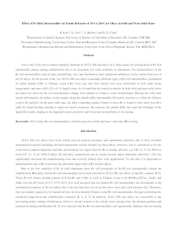 Effect of Fe-rich intermetallics on tensile behavior of Al–Cu 206 cast alloys at solid and near-solid states Thumbnail