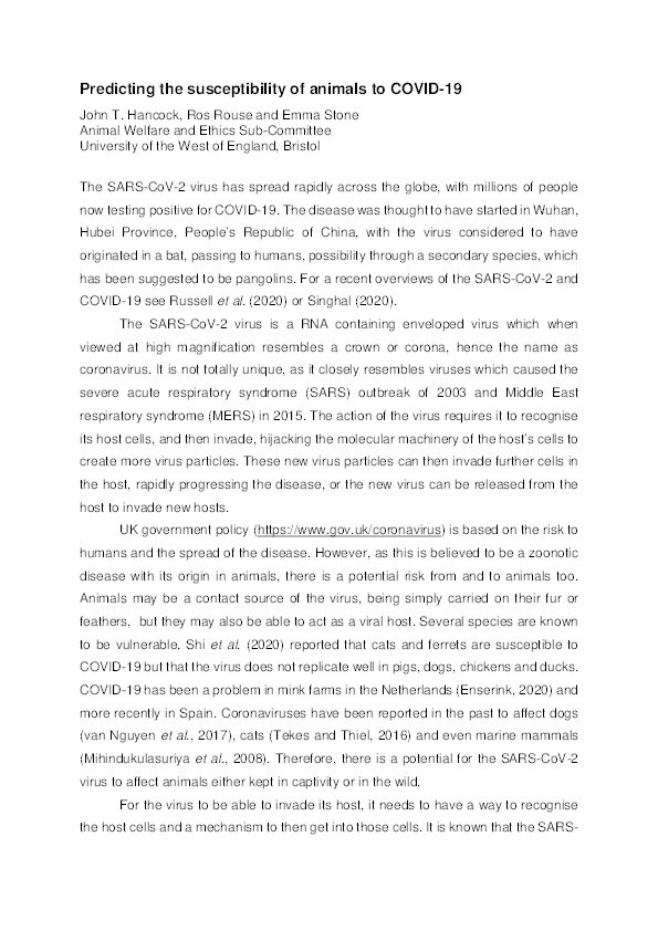 Predicting the susceptibility of animals to COVID-19 Thumbnail