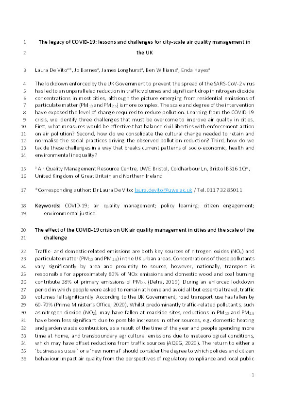 The legacy of COVID-19: Lessons and challenges for city-scale air quality management in the UK Thumbnail