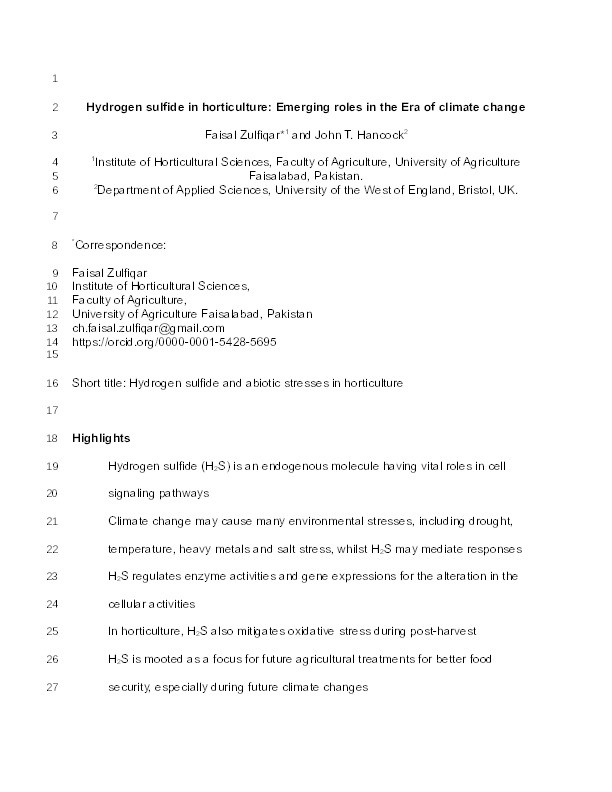 Hydrogen sulfide in horticulture: Emerging roles in the era of climate change Thumbnail