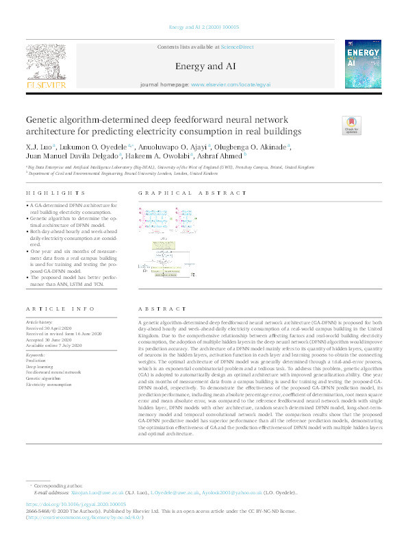 Genetic algorithm-determined deep feedforward neural network architecture for predicting electricity consumption in real buildings Thumbnail