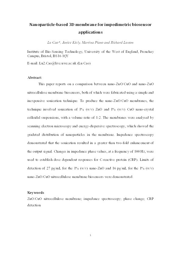 Nanoparticle-based 3D membrane for impedimetric biosensor applications Thumbnail