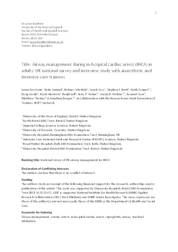 Airway management during in-hospital cardiac arrest in adults: UK national survey and interview study with anaesthetic and intensive care trainees Thumbnail