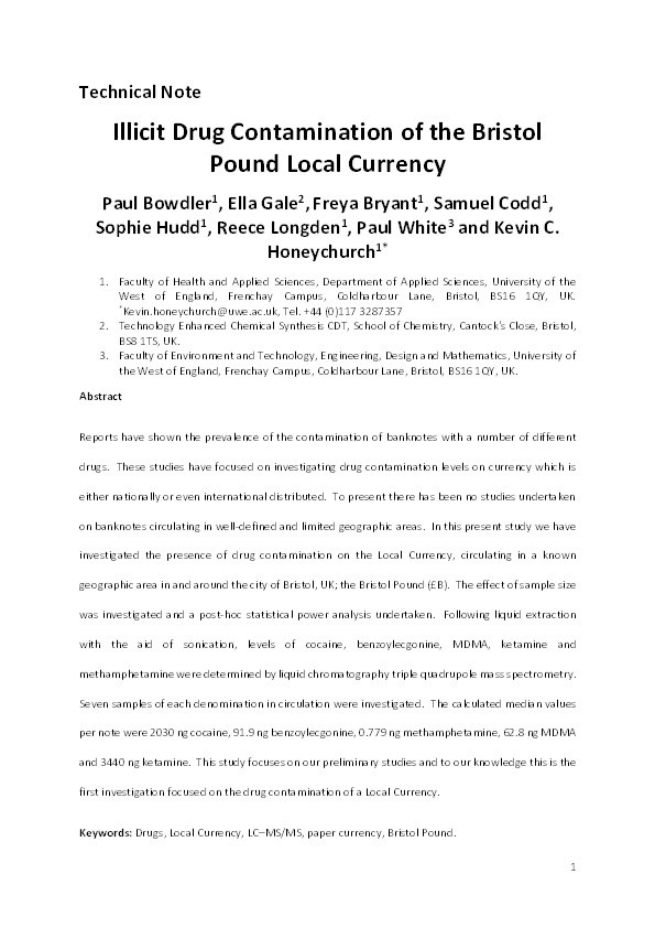 Illicit drug contamination of the Bristol Pound local currency Thumbnail