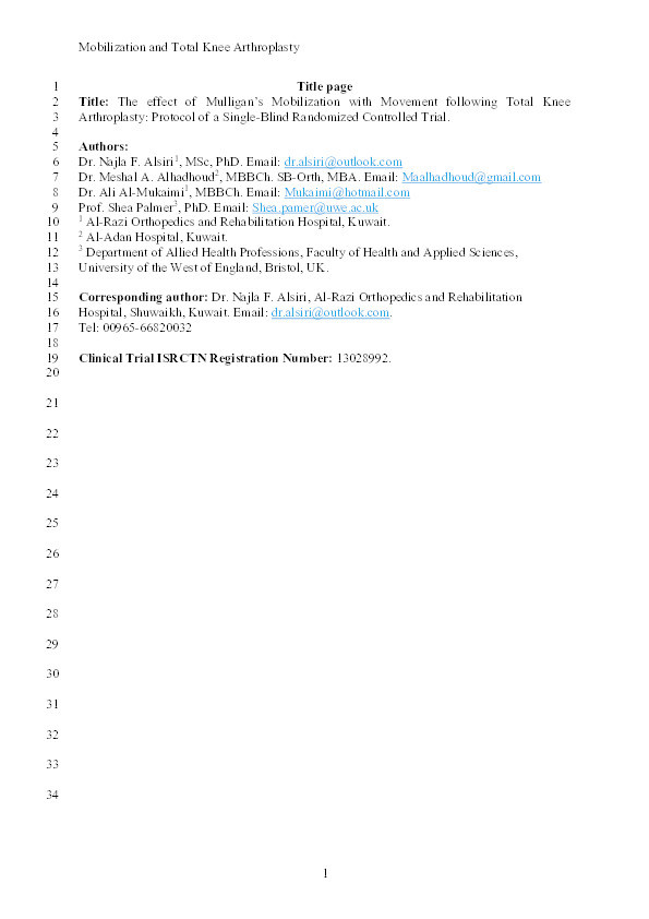 The effect of Mulligan's mobilization with movement following total knee arthroplasty: Protocol of a single-blind randomized controlled trial Thumbnail