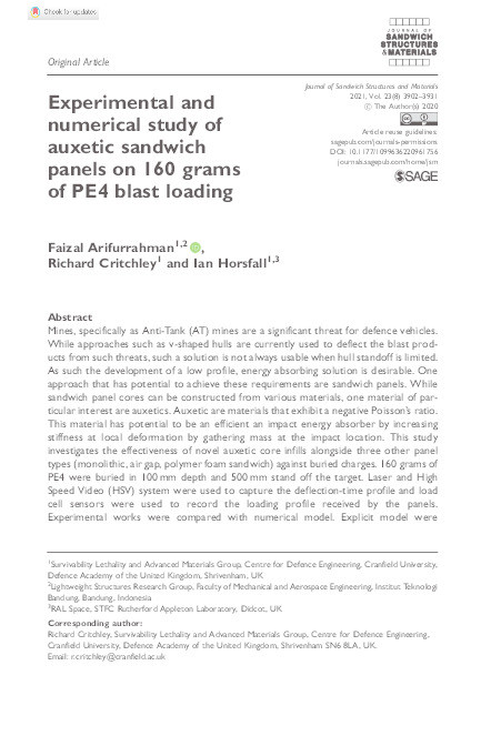 Experimental and numerical study of auxetic sandwich panels on 160 grams of PE4 blast loading Thumbnail