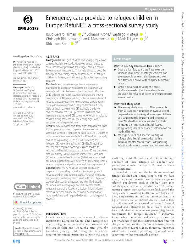 Emergency care provided to refugee children in Europe: RefuNET: A cross-sectional survey study Thumbnail