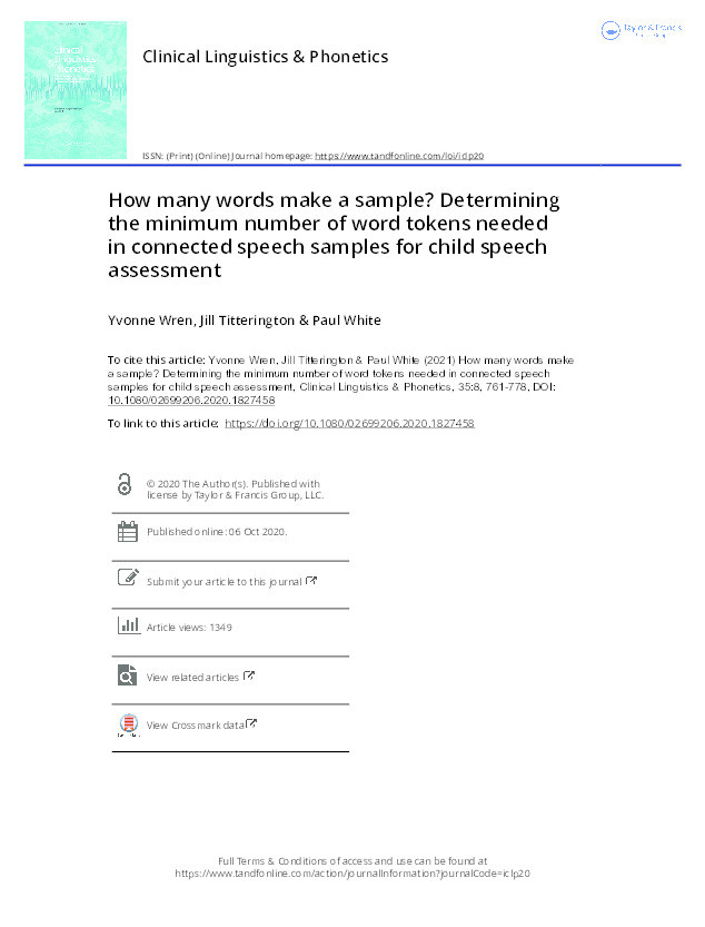 How many words make a sample? Determining the minimum number of word tokens needed in connected speech samples for child speech assessment Thumbnail