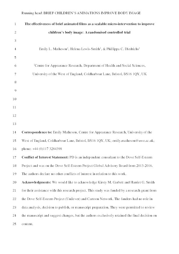 The effectiveness of brief animated films as a scalable micro-intervention to improve children’s body image: A randomised controlled trial Thumbnail