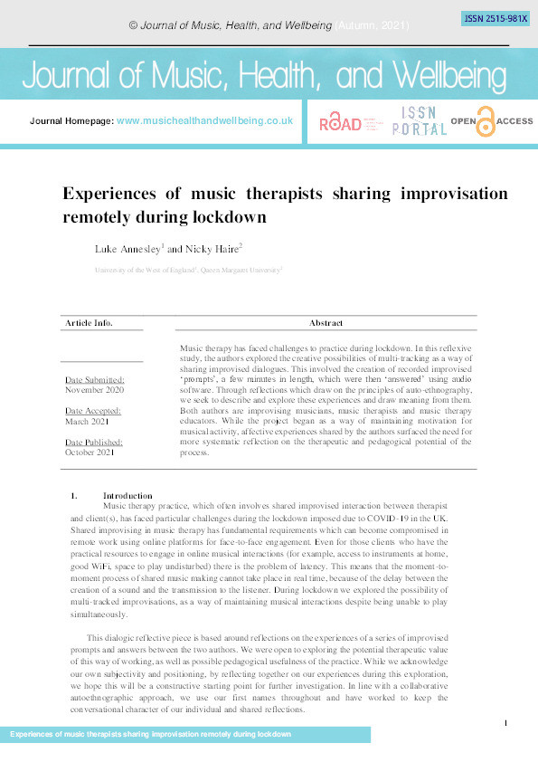 Experiences of music therapists sharing improvisation remotely during lockdown Thumbnail