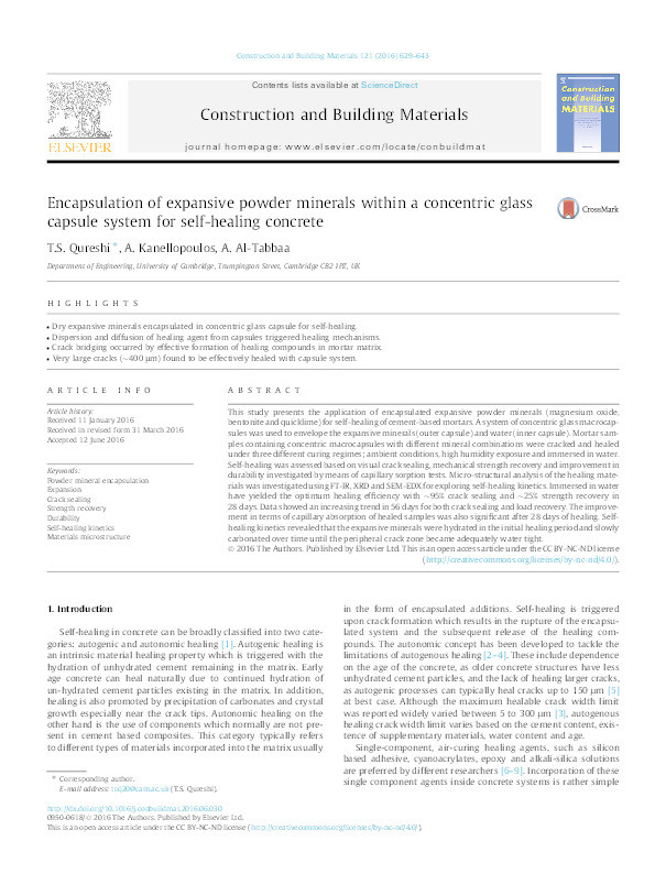 Encapsulation of expansive powder minerals within a concentric glass capsule system for self-healing concrete Thumbnail