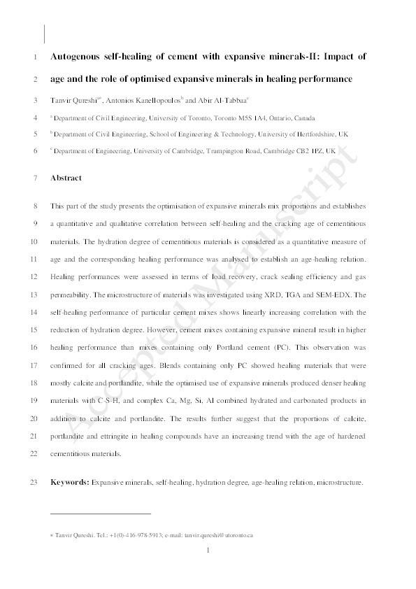 Autogenous self-healing of cement with expansive minerals-II: Impact of age and the role of optimised expansive minerals in healing performance Thumbnail