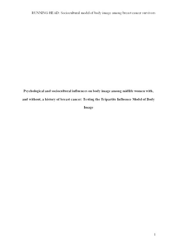 Psychological and sociocultural influences on body image among midlife women with and without a history of breast cancer: Testing the Tripartite Influence Model of Body Image Thumbnail